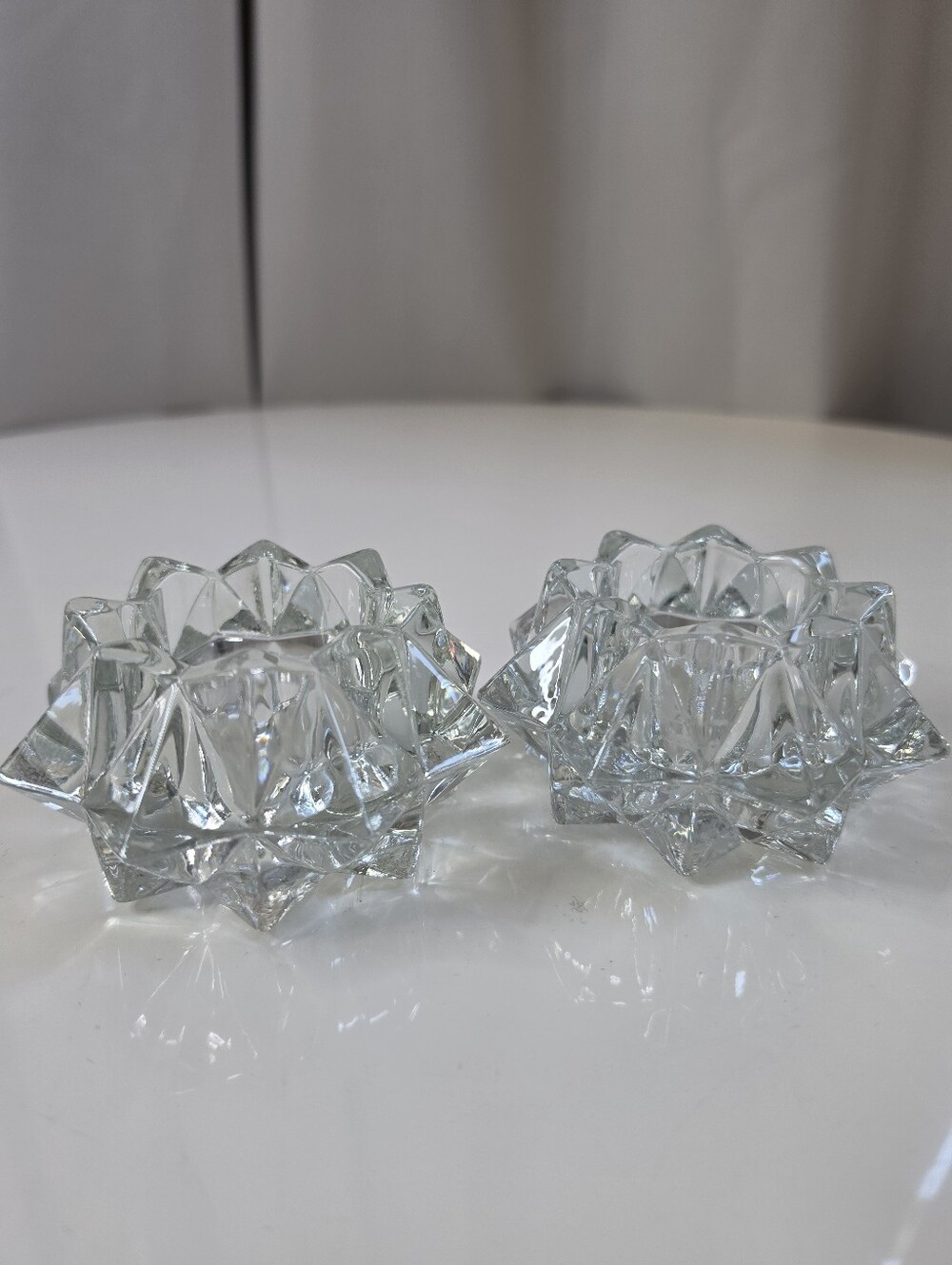 Set of 2 Heavy Faceted Clear Glass Tealight Candle Holders